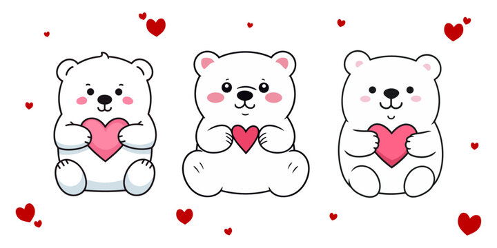 Polar Bear Set Collection: Adorable Animal Compositions with Bears and Hearts in Flat Style for Valentine’s Day,  Transparent background, png, vector
