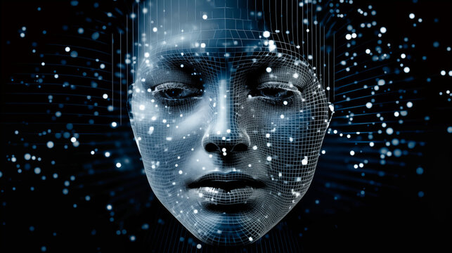 Digital cyborg face with circuit board and binary code representing AI
