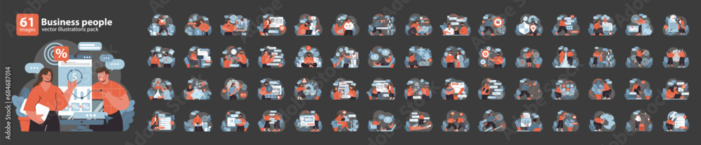 Poster business dynamics set. diverse team engaging in various corporate activities, from data analysis to 