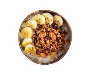 Chia Pudding Bowl with Banana, Granola and Cinnamon, Healthy Breakfast, Vegetarian Food
