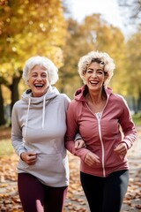 Positive old woman and her mature daughter run together across autumn park in morning. Healthy mother and offspring exercise jogging along city garden road. Active family trains developing body