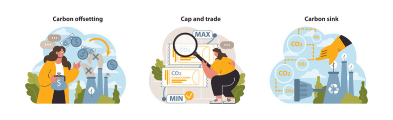 Climate change solutions set. Lady understanding carbon offsetting, expert adjusting cap and trade system, hand pointing to carbon sink benefits. Sustainable practices. Flat vector illustration.