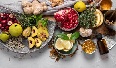 Foto op Plexiglas Fruits, vegetables and herbs for healthy immune system. © bit24