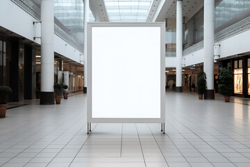 Mock up of empty advertisement board in shopping mall. Copy space for text. Generative AI