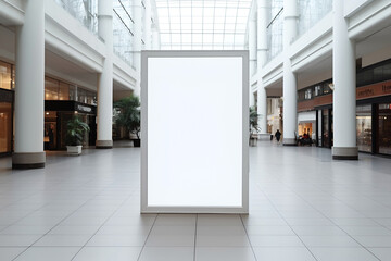 Mock up of empty advertisement board in shopping mall. Copy space for text. Generative AI