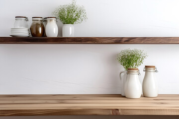 Fototapeta na wymiar Mock up of minimalist wooden kitchen shelves with kitchenware. Copy space for text. 3D render. Scandinavian design. Generative AI