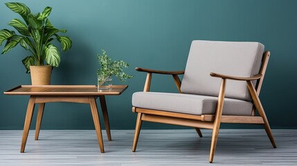 Minimalist composition of Scandinavian living room with design. Gray armchair and wooden coffee table and copy space in retro home decoration.