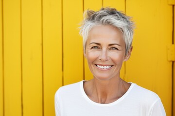 Generative AI image of close up, smiling 60 year old woman in white shirt standing in front of a yellow outdoor studio wall, natural lighting