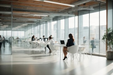 Blurry modern office interior with businessmen.