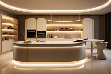 Beautiful open plan matte kitchen and dining area with fabulous details and round kitchen furniture