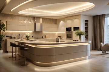 Beautiful open plan matte kitchen and dining area with fabulous details and round kitchen furniture
