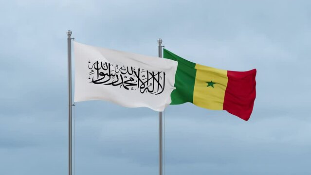 Republic of Senegal and Afghanistan flag waving together on cloudy sky, endless seamless loop, two country cooperation concept