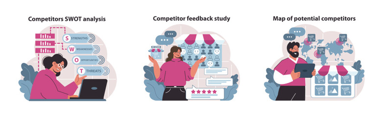 Competitive intelligence set. SWOT analysis detailing, customer feedback evaluation, and global competitor mapping for strategic market planning. Flat vector illustration.