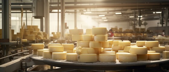 Artisan cheese wheels on production line at food processing plant. Dairy industry and manufacturing. - obrazy, fototapety, plakaty