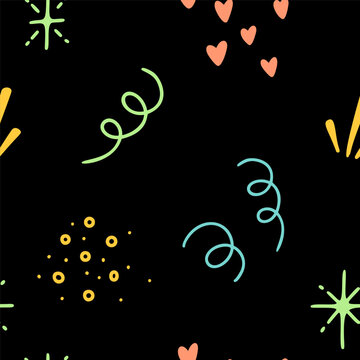 Cute line doodle seamless pattern. Childish squiggle drawing design. Baby party decoration.