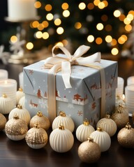 Christmas background. Festive decoration on bokeh background.