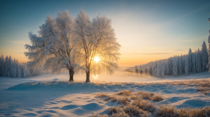 sunrise in the winter forest
