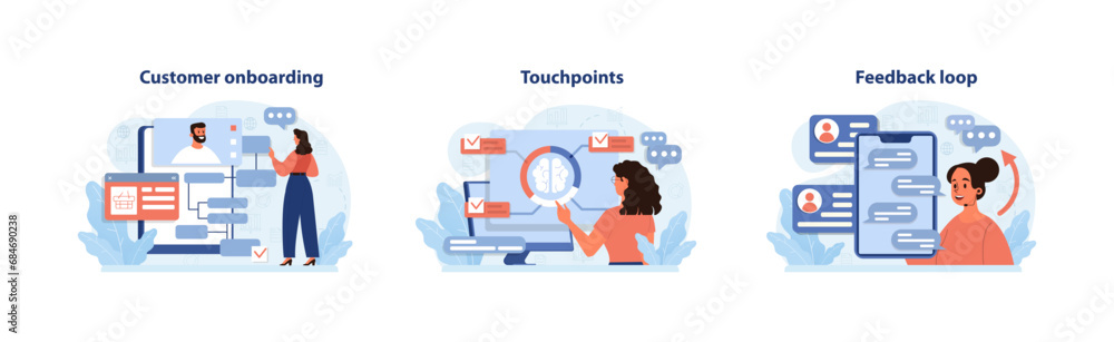Aufkleber customer experience set. seamless onboarding process introduction, analyzing customer journey touchp