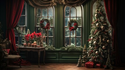 Fototapeta na wymiar Classic green interior with window and Christmas decorations.