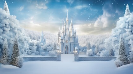 Magic castle, winter day, falling snow. Fairytale palace at beautiful landscape.