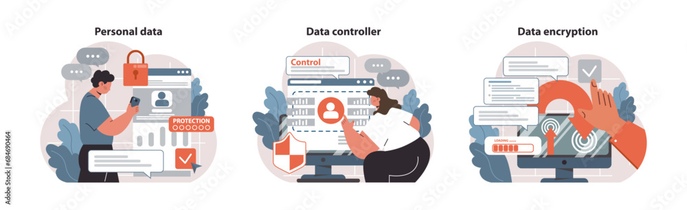Poster data security set. user securing personal details, administrator monitors data, and encryption proce