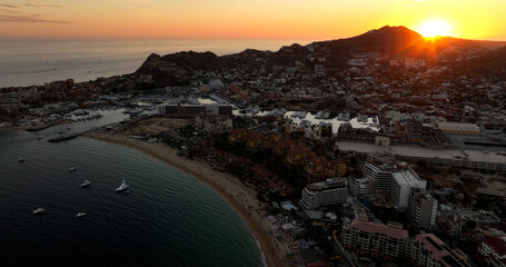 Cabo San Lucas Overview Aerial Landscape Panorama Sun Glow Behind the City Mexico Beach Paradise