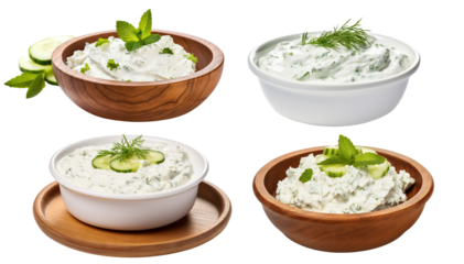 Set of delicious tzatziki sauces in bowls, cut out