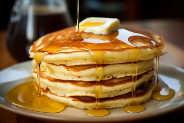 A plate of fluffy buttermilk pancakes with a pat of butter and a drizzle of maple syrup.