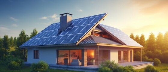 Generic smart home with solar panels rooftop system for renewable energy concepts