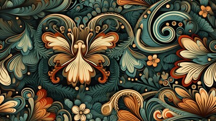 Seamless Tileable Texture: Abstract Floral Pattern with Ornate Silhouette of Yellow Flower and Blue Feather