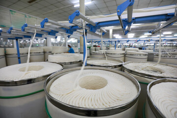 The spinning worker is working nervously on the spinning production line in a spinning factory,...