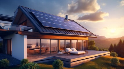 Generic smart home with solar panels rooftop system for renewable energy concepts - obrazy, fototapety, plakaty