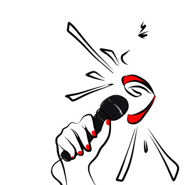 Boca con labios rojos gritando a un micr&oacute;fono. Labios rojos hablando a microfono con mano de u&ntilde;as rojas.  Boca de mujer con mano sujetando un micro. Imagen sin fondo 