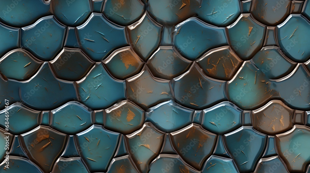 Wall mural abstract geometric reptile pattern - seamless tileable texture illustration of metallic blue waves o