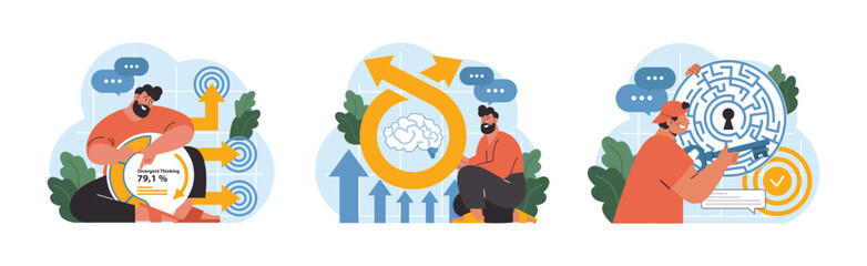 Thinking Concepts set. Man analyzes divergent thinking percentage, connects neural pathways, unlocks a cognitive maze. Brain's agility, out-of-the-box solutions. Flat vector illustration