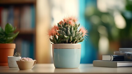 Flower pot on a office desk, succulent cactus vase, Generative AI