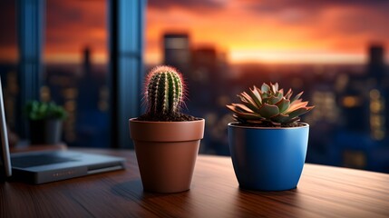 Flower pot on a office desk, succulent cactus vase, Generative AI