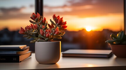 Succulent cactus flower pot on a office desk, window in the background and sunlight, stock photo