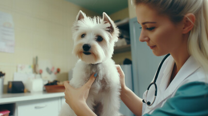 Pies, terrier podczas wizyty u weterynarza, badanie w klinice weterynaryjnej - obrazy, fototapety, plakaty