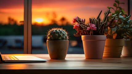 Succulent cactus flower pot on a office desk, window in the background and sunlight, stock photo