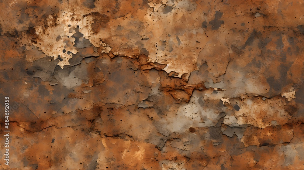 Wall mural Rusty Metal Grunge Wall: Seamless Tileable Texture Background with Abstract Distressed Pattern and Weathered Yellow Paint on an Old Building Feature