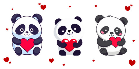 Obraz premium Cute Panda Collection: Vector Animal Compositions with Bears and Hearts in Cartoon Style for Valentine’s Day, Transparent background, png, vector 
