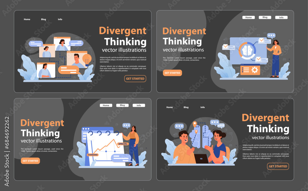 Aufkleber divergent thinking set. creativity unleashed through brainstorming. multiple thought processes, idea