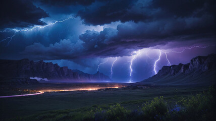 Dramatic lightning storm at night. Awe-inspiring bolts illuminate the dark sky in cool hues of blue and violet, creating a visually stunning and intense atmospheric spectacle. 
