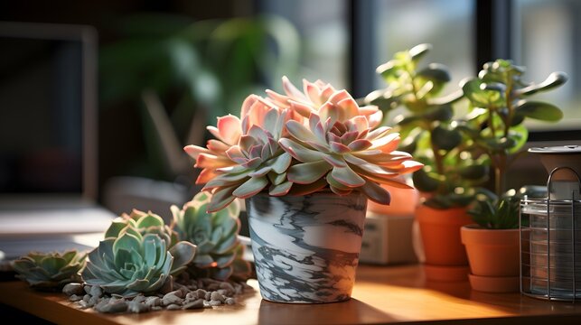 Succulent cactus flower pot on a office desk, window in the background and sunlight, stock photo