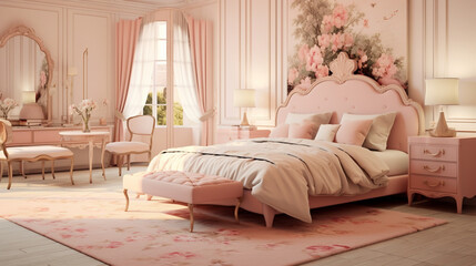 sypialnia we francuskim pudrowym stylu, światło dochodzące z zewnątrz  - obrazy, fototapety, plakaty