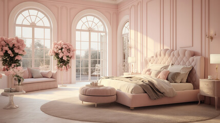 sypialnia we francuskim pudrowym stylu, światło dochodzące z zewnątrz  - obrazy, fototapety, plakaty