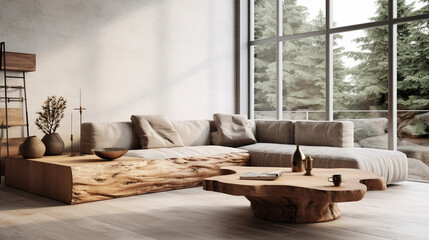 Pokój gościnny w skandynawskim stylu z kanapą narożnikową, drewniane meble dużo światła. - obrazy, fototapety, plakaty