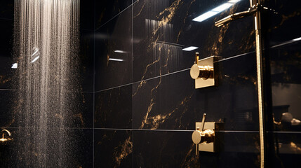 Luksusowa nowoczesna łazienka w złotym i czarnym kolorze. Kabina prysznicowa - obrazy, fototapety, plakaty
