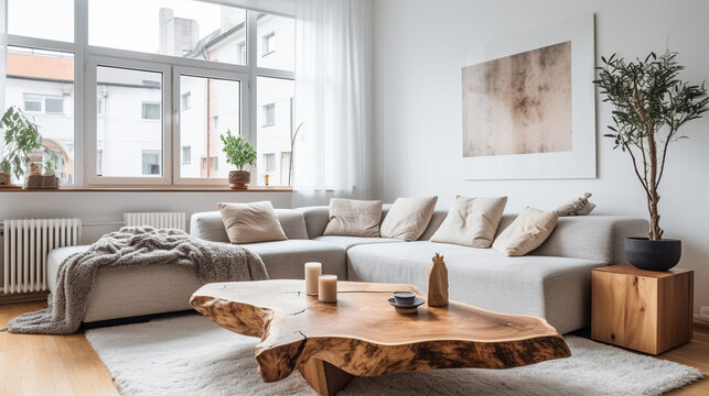 Pok&oacute;j gościnny w skandynawskim stylu z kanapą narożnikową, drewniane meble dużo światła.